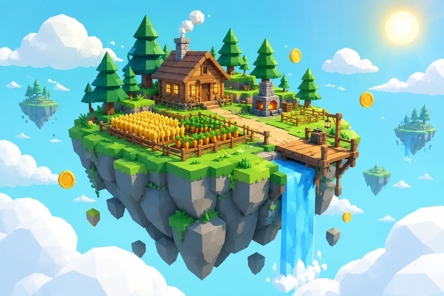Illustrated floating island with a cabin, crops, pines, and a waterfall