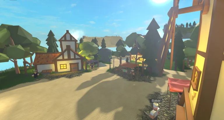 Village square with a baker stall and timber houses