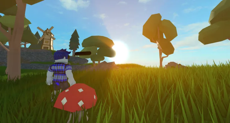 Player beside a red mushroom, windmill, and sunset trees