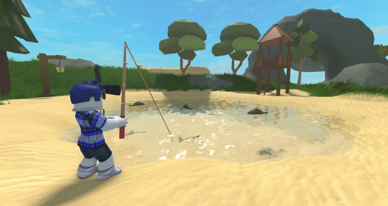Player fishing in a sandy pond near a wooden tower
